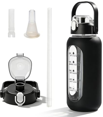 PORFOYO Gourde en verre 1800 ml, bouteille d'eau en verre avec poignée, marqueurs de temps et paille, gourde avec étui de protection en silicone pour le sport, utilisation quotidienne, noire