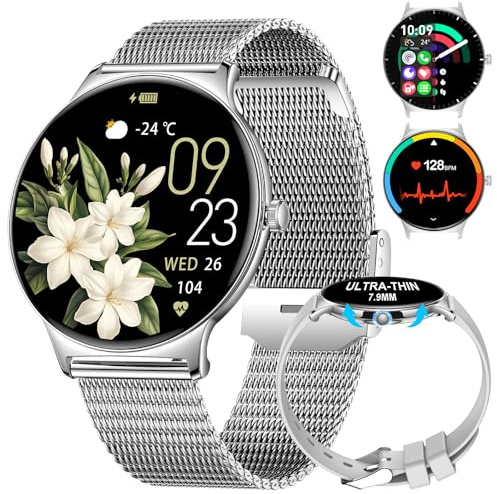 LIGE Montre Connectée Femme 7,9mm Ultrafin 1,43 AMOLED Bluetooth Appels pour Android iOS Smartwatch Femme Elegant Argent Mesh Rond Santé,Moniteur de Sommeil Podometre,Cycle Menstruel,Calories