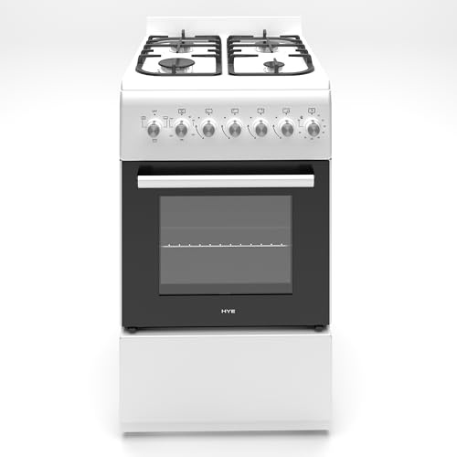HYE Gas Cooker - Versatile 4 Burner Gas Hob, Electric Oven | Smart Cooking Controls & Programs, 50cm Width, Freestanding Design, White, Ideal For Smaller Kitchens & Couples