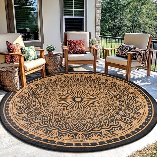 TUKDAK Schwarzes Kamel Rund Outdoor Teppich Wetterfest 180cm, Wendbarer Outdoorteppich Matte Kunststoff Teppich, Wasserdichter Außenteppich, UV-beständige Camping Matte für Balkon Terrasse Garten RV