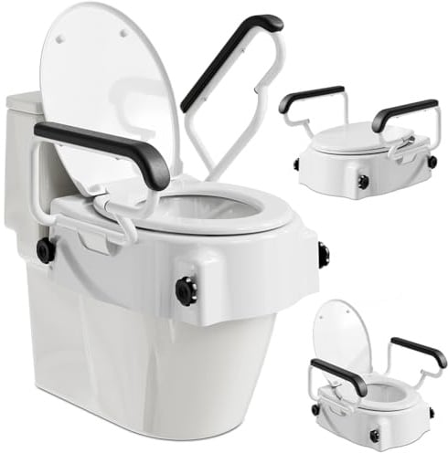 BAKAJI Rialzo Wc per Anziani, Disabili e Persone con Mobilità Ridotta, Ausilio Toilette con Maniglie Assistite ed Ergonomiche, Copriwater Altezza Regolabile e Capacità di Carico 150kg
