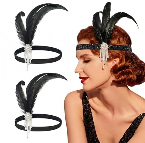 2 Stück 1920er Jahre Feder Haarreif mit Weißen Perlenblumen, Fascinator Kopfschmuck Damen, 20er Jahre Stirnband Schwarz für Karneval Mottoparty Hochzeit Cocktail Party Accessoires