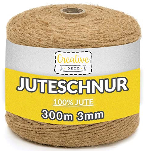 Creative DECO 300 m Cuerda de Yute 3mm Cordel Manualidades | Hilo Cordón Rollo Grande Marrón Natural Gruesa Fuerte, Embalaje, Decoración, Floristería, Artesanía y Bricolaje