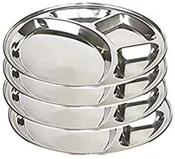 IndiaBigShop Lot de 4 Assiettes Rondes en Acier Inoxydable à 4 Compartiments, Thali de Restaurant pour Dîner - 29 cm