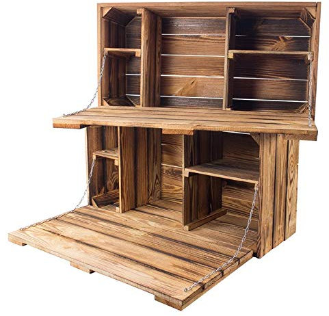 2X Vintage-Möbel24 geflammte/gebrannte Hängebar mit Arbeitsplatte Hausbar Bar, Truhe Regal braun