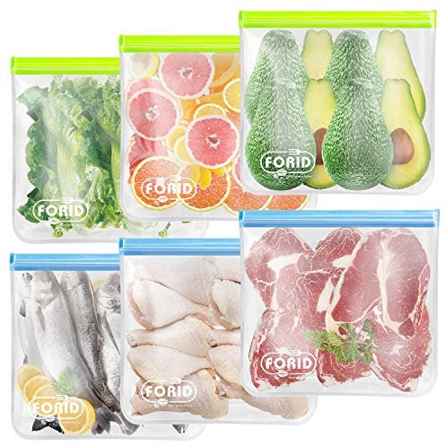FORID Reusable Gallon Freezer Bags, 6 Pack Leakproof Extra Thick 1 Gallon Bags for Marinate Food & Fruit Cereal Sandwich Snack Meal Prep Travel Items Home Organization Storage
