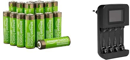 Amazon Basics – AA-Batterien mit hoher Kapazität, wiederaufladbar, 2400 mAh (16er-Pack), vorgeladen & Intelligentes, digitales Akku-Ladegerät für 4 AA-, AAA-Akkus