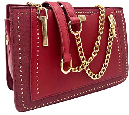 Julesmar Schultertasche London Streets Rot // Kunstleder Handtasche, Kettentasche mit Gold Kette, Nieten, Reißverschluss - Abendtasche Damen, Red Cross Body Bag Chain - Trend 2023