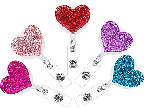 FSSTUD 5 Pièces Forme de Coeur Porte Badge Enrouleur Rétractable Porte-Clés avec Attache à Clip pour Infirmière Enseignant