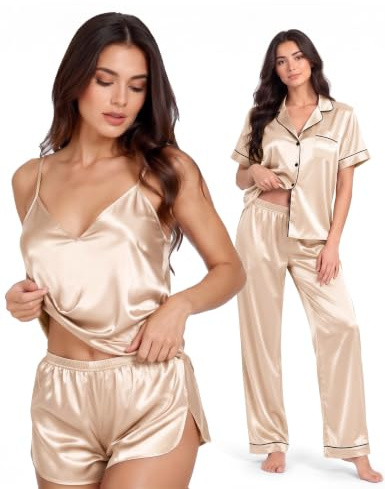 SWOMOG Womens 4pcs Pyjamas Sets Silk Satin Pyjamas Sexy Cami with Button Down Short Sleeve Shirt Pjs Sleepwear Set Champagne