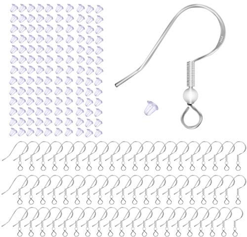 Yuzhou 100 PCS 925 Sterling Silver Earring Hooks - Hypo-allergenic Jewelry Findings DIY Ear Wires French Wire With 100 Clear Rubber Backs for Jewelry Making Parts