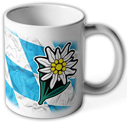 Tasse Bayern Edelweiss Kaffee Becher Alpen Blume Raute blau weiß #36378