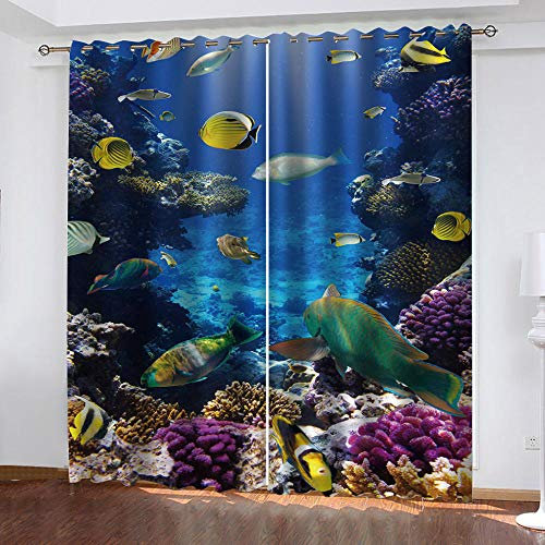 LHUTY Vorhang Blickdicht Unterwasser & Fisch Thermo-Verdunklungsvorhänge Gardinen Wohnzimmer Thermo Gardinen Blickdicht Kinder Vorhänge Schlafzimmer Dekoschals Gardine Größe: 2 x B130 x H140 cm