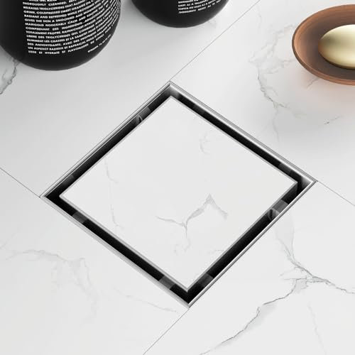 Sharpeye 4 Inch Square Shower Drain with Removable Tile Insert Grate, Brushed 304 Stainless Steel Square Shower Floor Drain, Includes Hair Strainer
