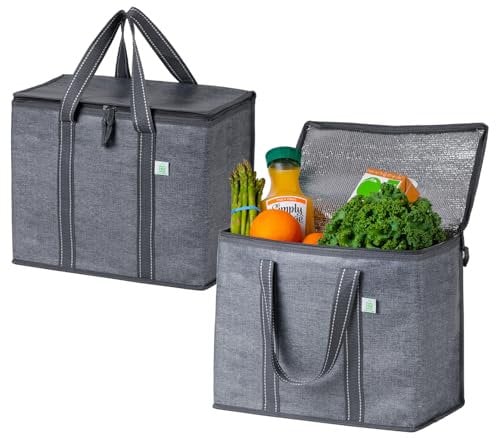 VENO 29 Liter Einkaufstasche Wiederverwendbare Faltbar Kühltasche, Harter Boden Einkaufskorb, Groß Picknickkorb Robuste Lunchtasche Isoliertasche, Aufrecht Stehend Thermotasche (Grau, 2er-Pack)