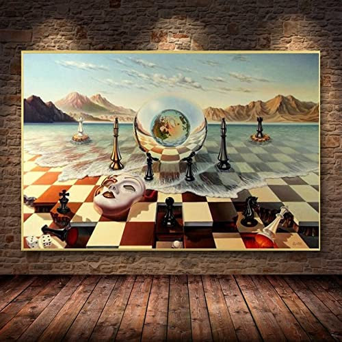 HOLEILUCK Salvador Dali Surrealismus Schach auf dem Meer Leinwanddruck Gemälde auf Wandkunst Abstrakte seltsame Poster Bild fertig zum Aufhängen 84 x 120 cm (33,07 x 47,24 Zoll) mit Rahmen