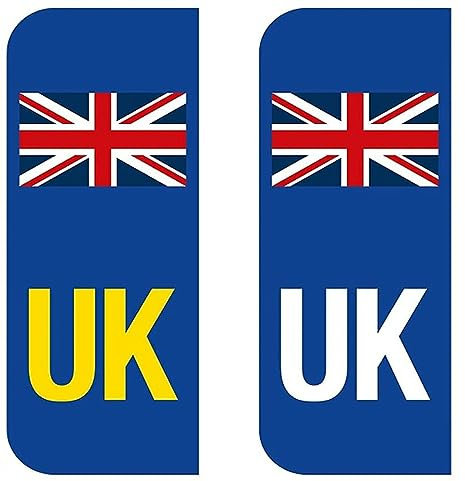 Rubigo 2 Pack UK Number Plate Stickers – Self-Adhesive Vinyl Stickers for Car Travel – Weatherproof – Union Jack Flag Labels Replaces EU or GB Flag – Legal for Driving in Europe Post-Brexit