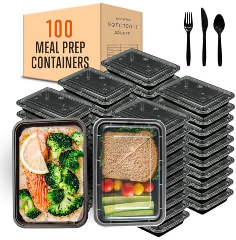 SQUATZ 100 Microwavable Food Container - 33oz Black Rectangular Meal Box Storage with Lids, Reusable Utensils, Spoon, Fork, and Knives, Leak Free, Freezer and Microwave Safe