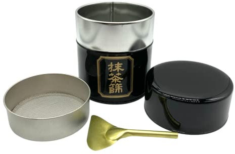 野口熊太郎茶園 Matcha-Dose mit Sieb und Schaufel, Matcha-Pulverdose, 150 g, Tee-Kapazität, hergestellt in Japan, Schwarz
