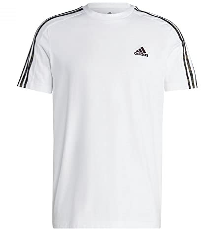 adidas Men's Essentials Single Jersey 3-Stripes Tee, White / Olive Strata, L
