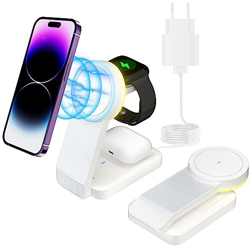 TIGRATIGRO Chargeur sans Fil 3 en 1 magnétique,15W Rapide Mag-Safe Station de Charge Compatible MagSafe iPhone 16 Pro Max Plus 15 14 13 12 AirPods 4 3 2 Pro iWatch - Adaptateur 20W Inclus Argent