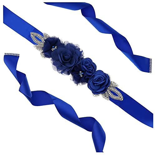 SHTGOI Cinturón de mujer con perlas de estrás para novia, con flores, cinta de raso, para boda, cinturón de novia, dama de honor, faja, rosa, vestido de novia, accesorio para vestido, 270 cm, azul