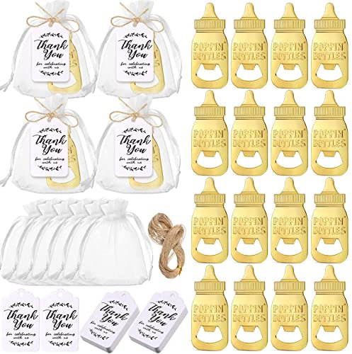 24Pcs Baby Bottle Opener, Poppin Baby Bottle Shaped Bottle Opener Baby Shower Favors with Thank You Tags, Baby Shower Return Gifts for Guest Kids Birthday Gifts Souvenirs (Golden)