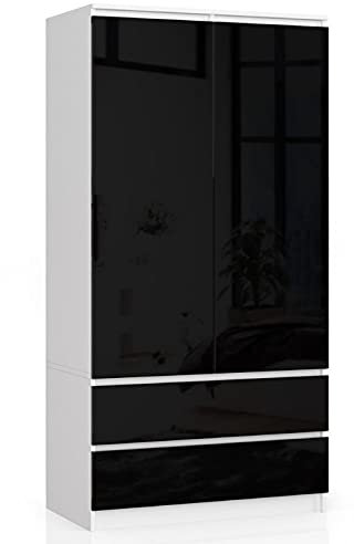 AKORD Zweitüriger Kleiderschrank S 90 cm 2 Schubladen mit Regalen und Einer Kleiderstange für EIN Schlafzimmer Kleiderschränke Minimalistischer Stil Laminierte Platte 16 mm Farbe Weiß/Schwarz Glanz