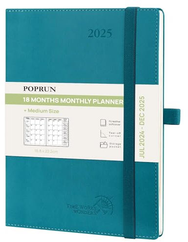 POPRUN Kalender 2025 Monatsplaner A5 (Jul.2024 - Dez.2025) - 18 Monate Monatskalender Softcover 22 x 16,5 cm - 1 Monat 4 Seiten, mit PU-Leder, 100 GSM Papier - Pazifikgrün