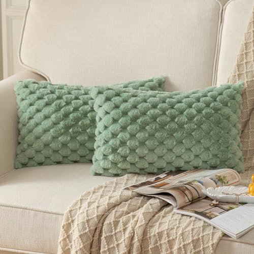 Mandioo 2er Set Salbeigrün superweichen dekorative Plüsch Kissenbezug Kissenbezüge 30 x 50 cm Wollsamt Dekokissenbezüge Kissenhülle Sofakissen Dekokissen flauschig für Couch Sofa Bett Wohnzimmer