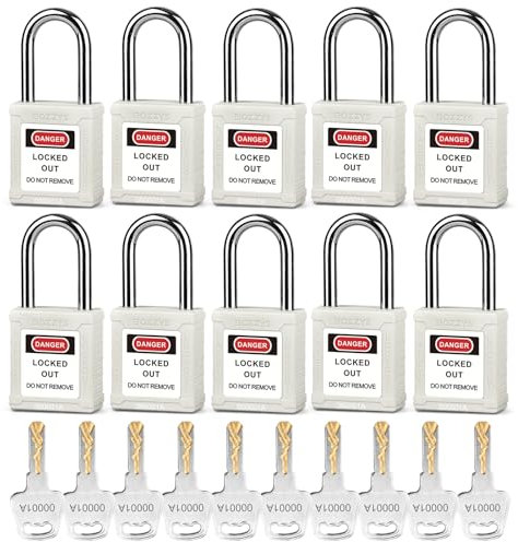 BD-G06KA Lot de 10 cadenas de sécurité en nylon avec clés identiques Blanc Cylindre en alliage de zinc 10 clés par lot pour éviter les opérations accidentelles
