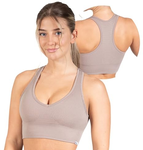 SMILODOX Sport BH Damen Amaze Pro - Blickdicht rutschfest Sport Bra - Seamless Gerippter Stoff Crop Top - Atmungsaktive Yoga Tank Top für Fitness & Gym, Größe:L, Color:Taupe