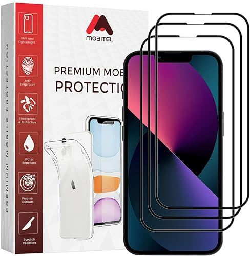 Mobitel 3-Pack Full Coverage Screen Protector for iPhone 13, 13 Pro, and iPhone 14 6.1-inch 9H Hardness Tempered Glass Screen Protector, Anti-Water, Anti-Scratch, Bubble-Free Case Friendly