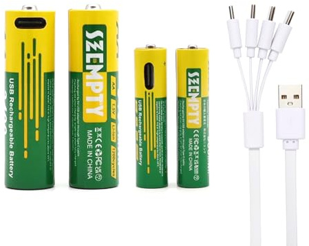 SZEMPTY 2 pilas AA + 2 AAA de litio recargables, 1,5 V USB de alta capacidad, AA 3400 mWh y AAA 900 mWh para mandos a distancia, juguetes, teclados, etc., incluye cable de carga 4 en 1 tipo C