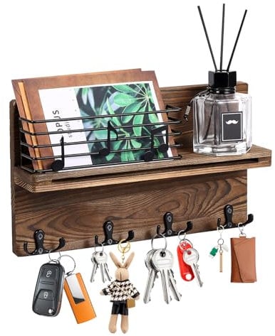 homdat Porte Clef Mural Bois, Plaque à Clés en Bois avec 4 Double Crochets, Boîte à Clés Vintage avec étagère, pour Salon, Salle de Bain, Cuisine, Les Entrées, Couloirs
