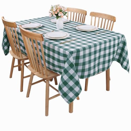 Kesfey Gingham Tablecloth Polyester 55x78 Inch Wipe Clean, Rectangle Checkered Tablecloth Spillproof and Wrinkle Resistant for Outdoor and Indoor Use(Dark Green)