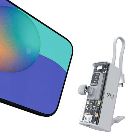 ONES Power Bank, 5000mAh Powerbank Klein Portable Ladegerät Externe Handyakkus with LED Display, Kompatibel mit iPhone 16 15 14 13 12 11 Samsung und mehr, USB-C-Stecker & Lighting-Kabel, Weiß
