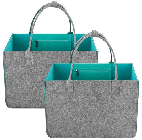 Huiguli 2 Stück Groß Filztasche Einkaufstasche, XXL Faltbare Kaminholztasche, 30L Filztasche Storage mit Fächern für Kaminholz, Trips, Picknick, Einkaufen, Kleiderkorb, Spielzeugtasche, 40x27x27cm