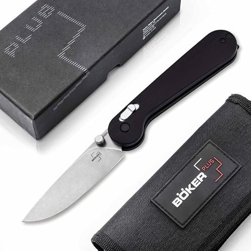 BÖKER PLUS® Hebdo – hochwertiges Einhand Taschenmesser mit Crossbar Lock – legales 1 Hand Klappmesser mit Nitro-V Droppoint Klinge – klappbares Einsatzmesser mit Daumenpin in Nylon Etui