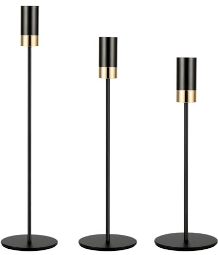 SLIVOUS Schwarzer Kerzenhalter für Stabkerzen, moderne Kerzenhalter, Dekoration, Spitzkerzenhalter für Tischkamins, Hochzeit, Esszimmer, Jahrestag (Schwarz mit Gold, 3 Stück)