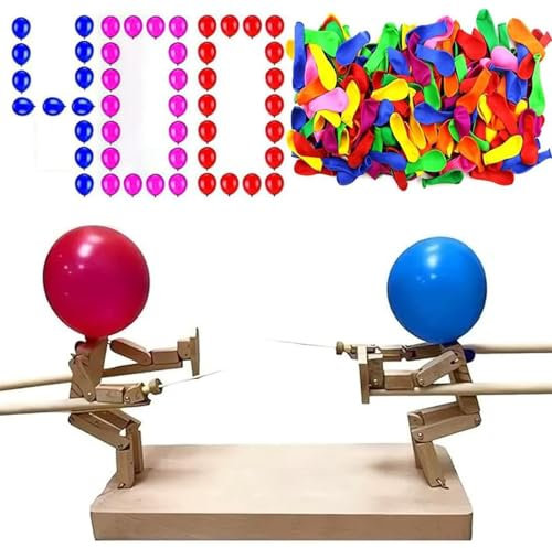 Balloon Bamboo Man Battle, Handgefertigte Hölzerne Fechtpuppen Spielset mit 400 Ballons für 2 Spieler Lustige Spannende Ballonschlachten, Rasantes Partyspiel für Erwachsene Kinder