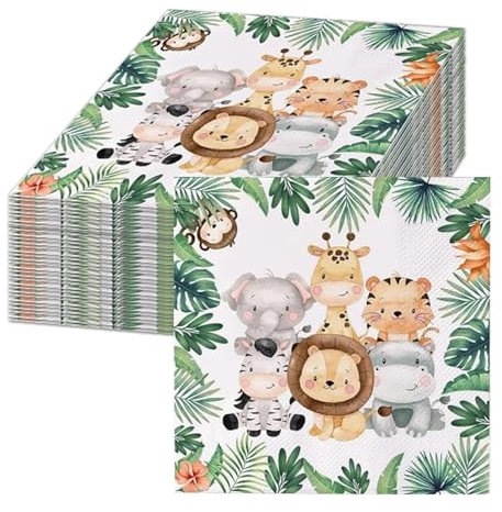 40 Stück Servietten Kindergeburtstag,Servietten Dschungel,Party Motiv Tiere,Blätter,Grün für Waldtiere Geburtstag und servietten Tiere 33x33cm Jungen Tischdeko