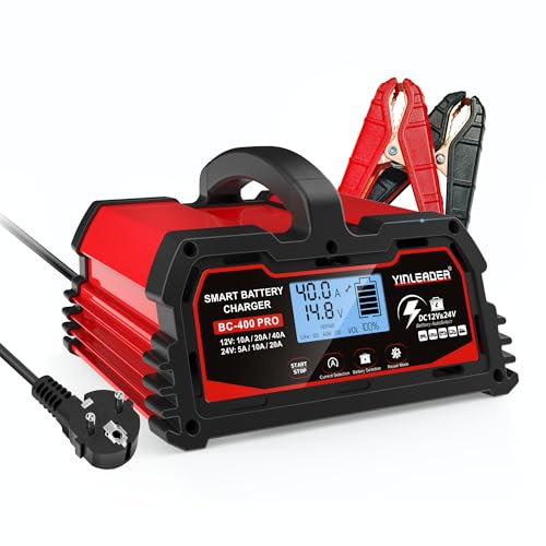 Autobatterie Ladegerät 40A/20A 12V/24V 20A/10A Batterieladegerät Auto Vollautomatisches Intelligentes Erhaltungsladegerät mit LCD-Bildschirm, Ladegeräte für 12v LiFePO4 Batterie - Rot