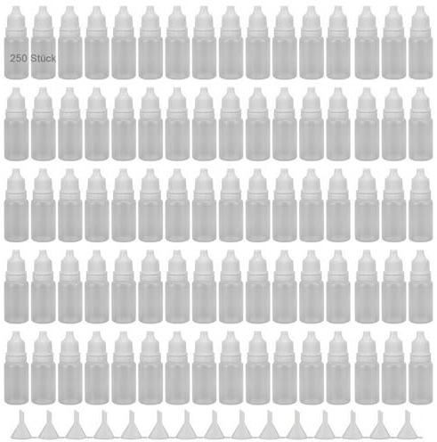 CHUIFAI 250 Stück Tropfflasche 10ml Kunststoff, kleine Plastikflaschen zum Befüllen, Augentropfflasche mit 15 Trichter und Schraubverschluss, kleine Quetschflasche für ätherische Öle, Augentropfen