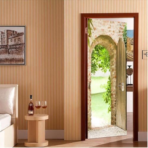 Türtapete Selbstklebend 90x200 cm Alter Steinfliesenbogen Türaufkleber 3D Grüne Landschaft Türposter Türfolie Poster Tapete PVC Wasserfest für Schlafzimmer Wohnzimmer Tür A-1320