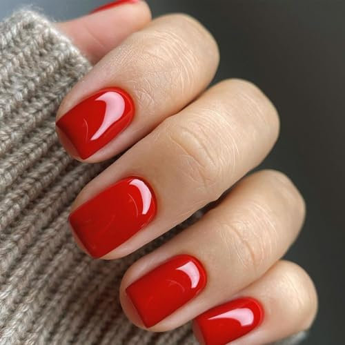 Red False Nails - Short Press On Nails Square Shape - Classical Pure Red Fake Nails With Glue - Acrylic Glossy Glue On Stick On nails Short Length For Women Nail Decoration - 12sizes, 24pcs