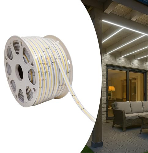 LED ATOMANT 10 M LED-Streifen 220V COB Direkt, Außenbeleuchtung 10W/m, IP67 Wasserdicht, Neutralweiß (4500K) 950LM/m, Schneidbar alle 16,5cm, Betrieb ohne Trafo, Anschlussstecker inklusive