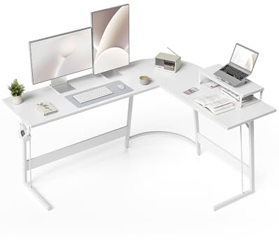 Cubiker L Shaped Gaming Desk, 150x120x75cm Computer Desk with Monitor Stand, Office Table for Home and Office, White