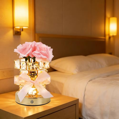 Ruaizel Rose Flower Lamp, Cordless Touch LED Crystal Flowers Night Light
