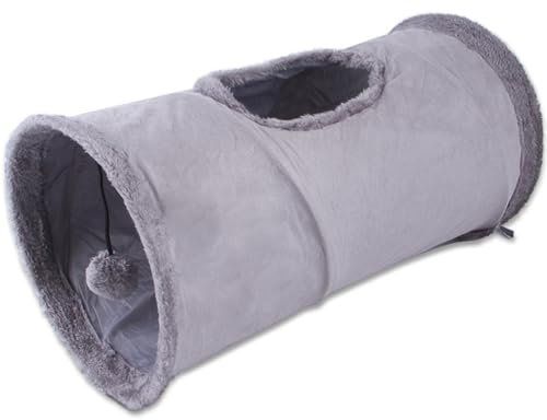 Katzentunnel 20x10 Zoll Flauschiger Katzen -Tunnel -Bett faltbares graues Hideaway mit hängenden Ball, knackigem Papier und interaktiven unterhaltsamen Tunneln für Innenkatzen, Kätzchenspiel